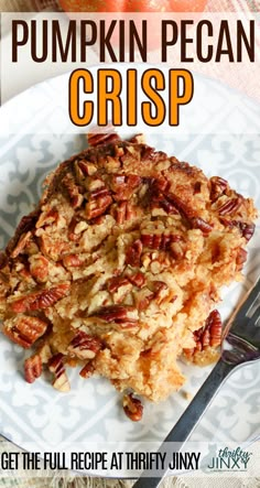 pumpkin pecan crisp on a plate with a fork