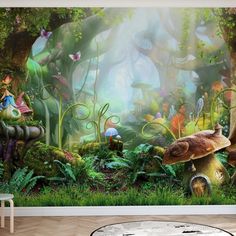 an image of a fantasy forest scene with mushrooms and plants in the foreground, sunlight streaming through the trees