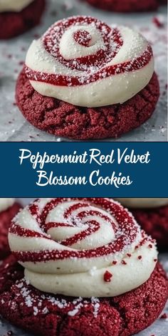 peppermint red velvet blossom cookies with white frosting