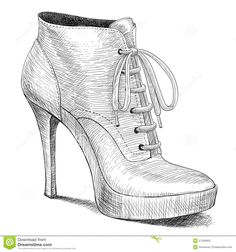 a drawing of a high heeled shoe with laces on the top and bottom