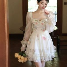 Autumn Evening Party Mini Dress Sweet Elegant Women Retro One Piece Square Neck Dresses Korean Y2k Japanese Kawaii Floral Dress LANFUBEISI Square Neck Dresses, Gown Neckline, Retro One Piece, Korean Y2k, Autumn Evening, Natural Models, Party Mini Dress, Japanese Kawaii, Square Neck Dress