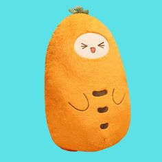 an orange stuffed animal with eyes closed and nose wide open, on a blue background