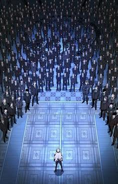 a large group of people standing on top of a blue and black floor next to each other