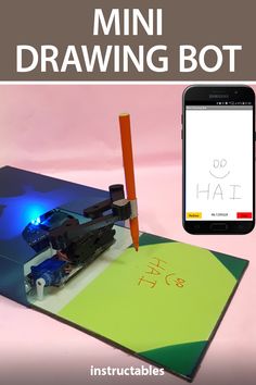 an image of a mini drawing bot on a pink background with the text instructions below