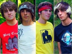 four young men wearing different colored shirts and headbands, all looking at the camera