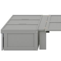 a gray table with two drawers on the top and one drawer open to reveal something