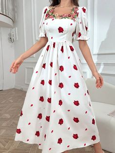 Albaricoque Bohemio Collar manga corta Tela Floral,Frutas y verduras,Plantas,Estampado Integral A línea Embellished No-Elástico Vegetable Plants, Sun Dresses, Pink Prom Dress, Slim Fit Top, Fabric Floral, Dress For Short Women, Daily Dress, Kids Beachwear, Dress P