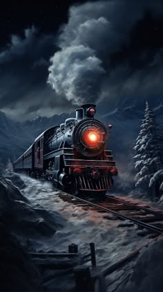 a train traveling down tracks next to snow covered mountains at night with full moon in the sky