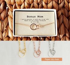 Bonus Mom Necklace, Step Mom Gift, Step Mom necklace, Other Mother Necklace, Bonus Mom Gift ◆ LENGTH: 15" + 2"(extender chain) = 17" ◆ Material: Gold / Rose / Silver Plating over Brass finding , Brass chain & clasp Jewelry shipped with a gift box. Thank you for visiting! All orders are shipped with a TRACKING NUMBER! Want to see more? please click on http://LaSenada.etsy.com If you have any questions, feel free to ask me! In Law Christmas Gifts, Sister In Law Birthday, Other Mother, Bonus Mom Gifts, Interlocking Circle Necklace, Law Christmas, Sister In Law Gifts, Mother Necklace, Bonus Mom