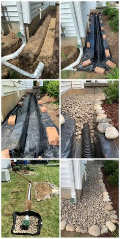 several pictures of different types of drainage pipes in the yard and on the side of a house