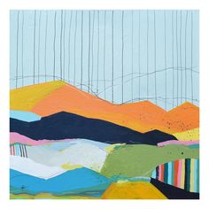 an abstract painting with mountains and lines in blue, green, yellow, pink, orange