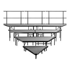 three tables and two stools are set up in the shape of an inverted triangle