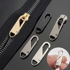 four different types of zipper clips with one open and the other closed, on a black background