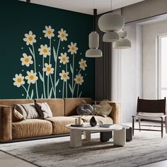 a living room filled with furniture and flowers painted on the wall