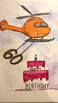 a drawing of a helicopter with a birthday cake