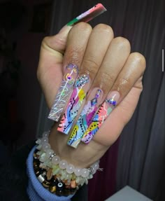 Theme Nails, 90s Nails, Long Acrylic Nail Designs, Colorful Nail Art, Long Nail Designs, Colorful Nail, Cute Acrylic Nail Designs