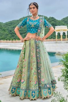 Mint Green Embroidered Silk Designer Lehenga Set Sea Green Color, Green Lehenga