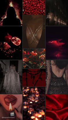 a collage of different images with red and black lighting in the background, including a woman's face