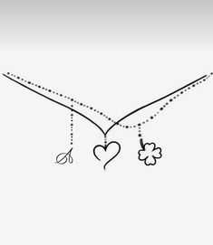 two hearts hanging from strings with scissors and flowers attached to the string, on a white background