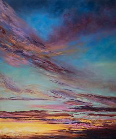 an abstract painting of purple, blue and yellow clouds in the sky at sunset or sunrise