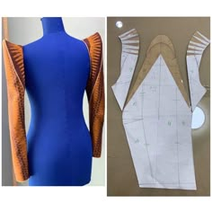 the back and sides of a dress made out of paper, next to an image of a mannequin's torso