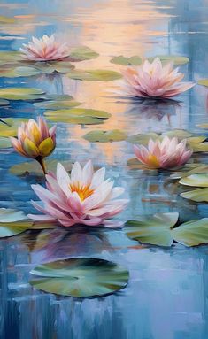 water lilies are floating in the pond