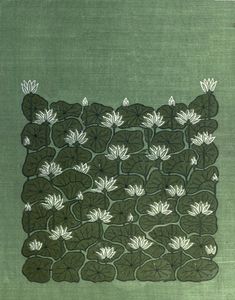 an image of a painting with white flowers on green paper and water lilies in the middle