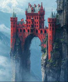 a castle built on top of a cliff in the middle of mountains with clouds surrounding it