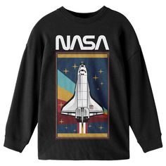 He'll love the cool style of this Boys 8-20 NASA Rocket Launching Long-Sleeve Tee. He'll love the cool style of this Boys 8-20 NASA Rocket Launching Long-Sleeve Tee.  Crewneck Long sleevesFABRIC & CARE Cotton Machine wash Imported Size: X Small. Color: Black. Gender: male. Age Group: kids. Black T-shirt With Character Print For Winter, Casual Long Sleeve Cartoon Print T-shirt, Cool Cotton Winter Tops, Oversized Winter School Tops, Cool Cotton Tops For Winter, Oversized Winter Tops For School, Winter School T-shirt With Letter Print, Cool Crew Neck Tops For Winter, Cool Black Crew Neck Top