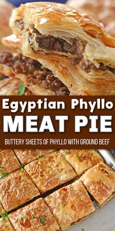 Sheets of buttery phyllo dough stuffed with flavorful ground beef with Pinterest overlay. Phyllo Dough Hamburger Recipes, Kullaj Recipe, Fillo Dough Ground Beef, Ground Beef And Philo Dough, Beef Phyllo Recipes, Egyptian Phyllo Meat Pie, Egyptian Ground Beef Recipes, Phyllo Dough Meat Rolls, Egyptian Goulash Phyllo Dough