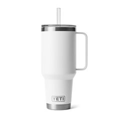 a white yeti cup with a straw in the top and handle is shown on a white background