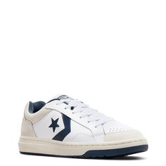 Rock these men’s Converse Pro Blaze Classic white/navy/vaporous low-top sneakers with your favourite jeans, cargos, and sweatpants for fresh casual wardrobe update. Crafted with leather and suede, these sneakers have round toe and lace-up closure, A padded collar and tongue and memory foam cushioning that provides comfort. A rubber outsole offers reliable traction and keeps you light on your feet. | Converse Men's Pro Blaze Classic Sneaker in White/Navy Blue/Vaporous Leather Size 10 Medium Jeans Cargos, Dress Sandals Flat, Blue Converse, Native Shoes, Wardrobe Update, Retro Sneakers, Wedge Sneakers, Vegan Shoes, Classic Sneakers