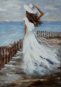 a painting of a woman in a white dress and hat walking down a path to the ocean