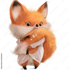 a red fox with big eyes holding a stuffed animal in it's arms, on a white background