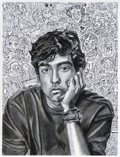 a black and white drawing of a man with his hand on his chin looking at the camera