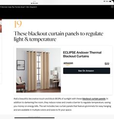 an image of a website page with the text, these blackout curtain panels to regulate light & temperature