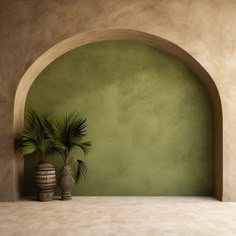 two potted plants sit in front of an arch on a green wall with concrete flooring