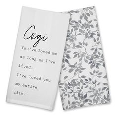 two personalized tea towels with the words grandma and you've loved me as long as i've lived