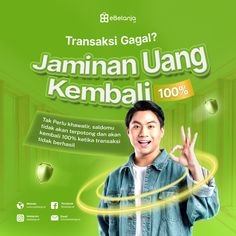 a man standing in front of a green background with the words jamnan uang kembali 100 %