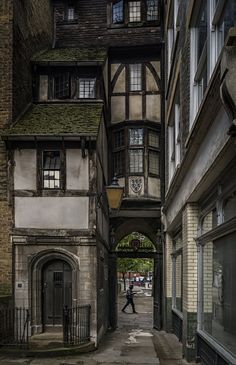 a person walking down an alley way between two buildings with arched doorways on either side