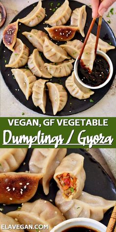 vegan gf vegetable dumplings with dipping sauce on a black plate and in a white bowl