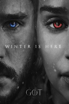 the poster for game of thrones showing two people with red eyes and one blue eye