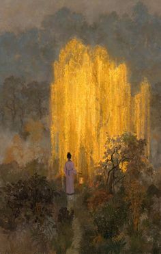 a painting of a person standing in front of a yellow light that is shining through the trees