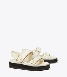 Designer Sandals Flat, Monogram Shoes, Flat Platform Sandals, Miller Sandal, Tory Burch Kira, Beautiful Sandals, White Flat, Jelly Sandals, Sport Sandals