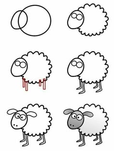 sheep with different facial expressions drawn on them