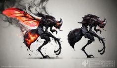 two black and red dragon like creatures with orange flames coming out of their mouths, on a white background