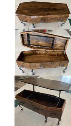 three different views of an old trunk with wheels and drawers on each side, one is open and the other has been turned into a coffee table