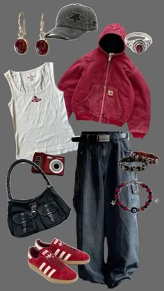 an assortment of clothing and accessories displayed on a gray background, including red hoodie