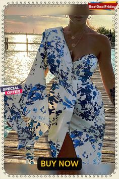 Floral Print One Shoulder Ruched Party Dress P4977804441 E Girl Dress, Printed Dresses Fashion, Women Party Dress, Tight Mini Dress, Dress Office, Fall Dress Outfit, Blue And White Dress, Split Dress, Women Party