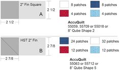 three different types of quilting fabric with the names and numbers on them, including two squares